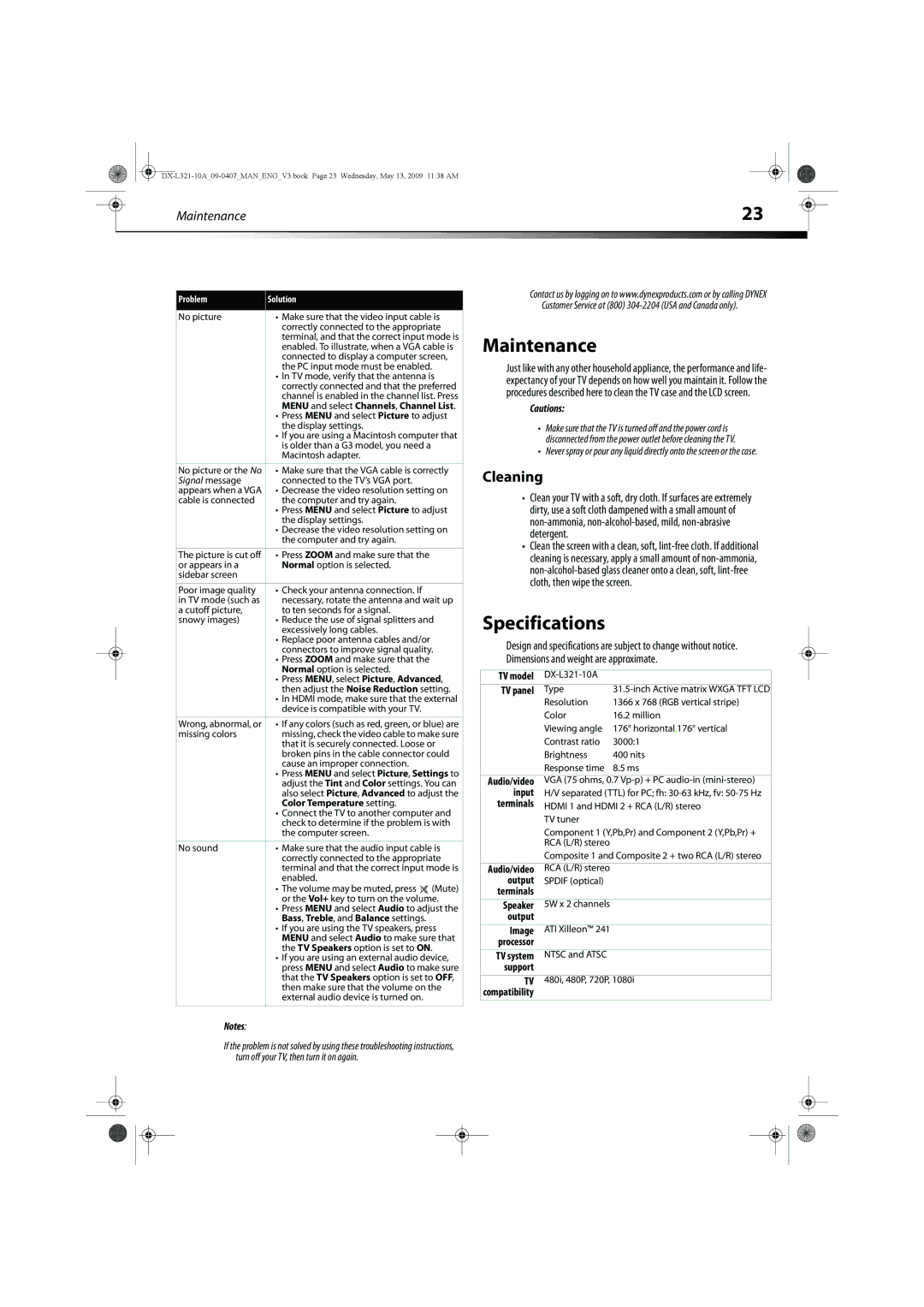 Dynex DX-L321-10A manual Maintenance, Specifications, Cleaning 