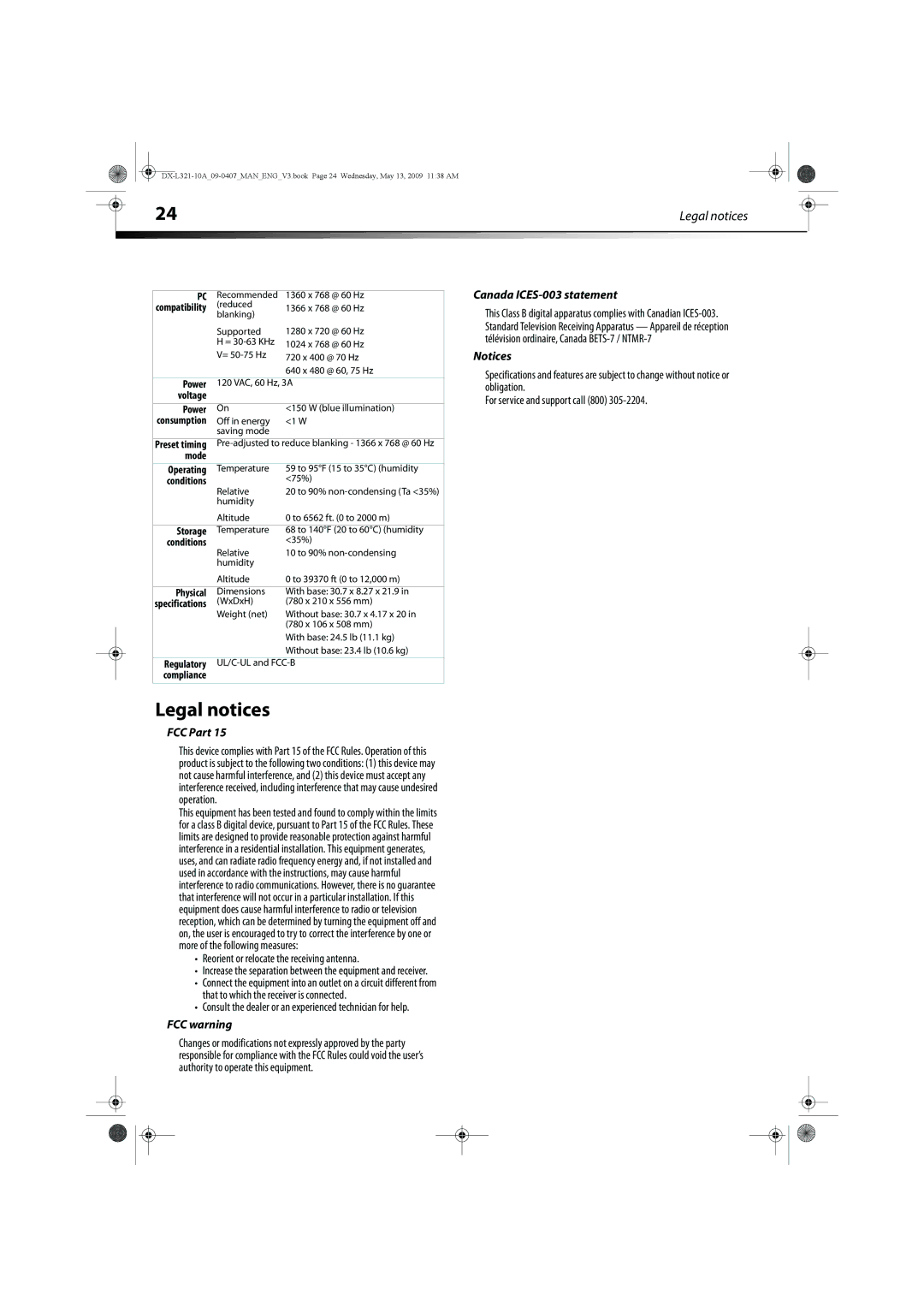 Dynex DX-L321-10A manual Legal notices, Canada ICES-003 statement, FCC Part, FCC warning 