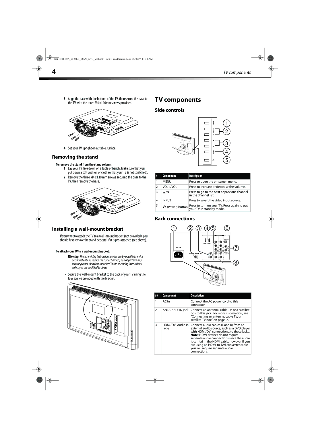 Dynex DX-L321-10A TV components, Removing the stand, Side controls, Installing a wall-mount bracket, Back connections 