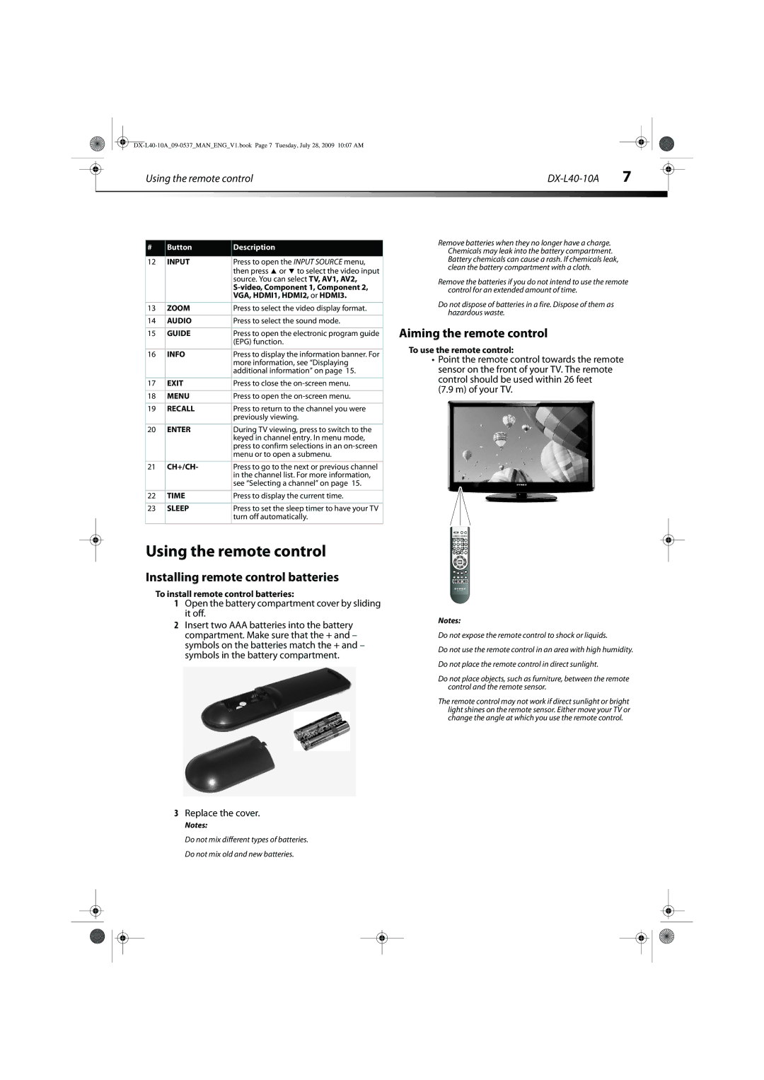 Dynex DX-L40-10A manual Using the remote control, Installing remote control batteries, Aiming the remote control 