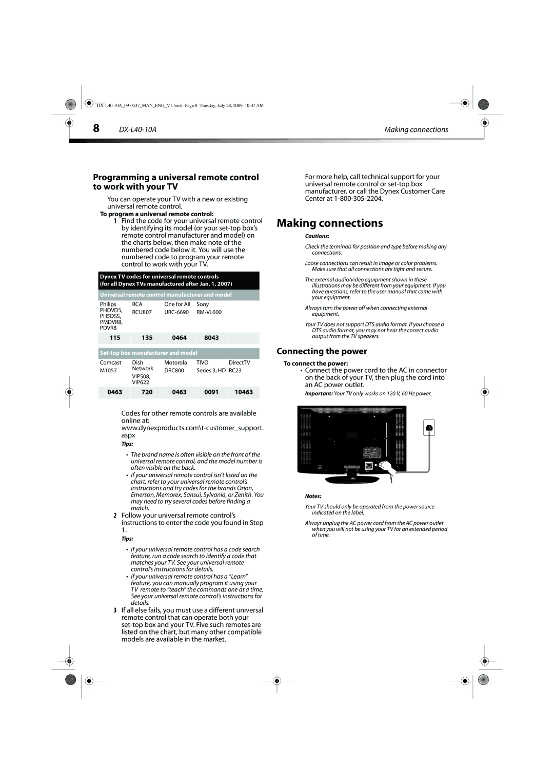 Dynex DX-L40-10A Making connections, Programming a universal remote control to work with your TV, Connecting the power 