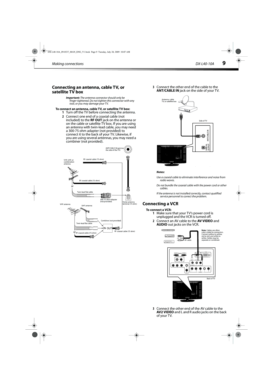 Dynex manual Connecting an antenna, cable TV, or satellite TV box, Connecting a VCR, Making connections DX-L40-10A 