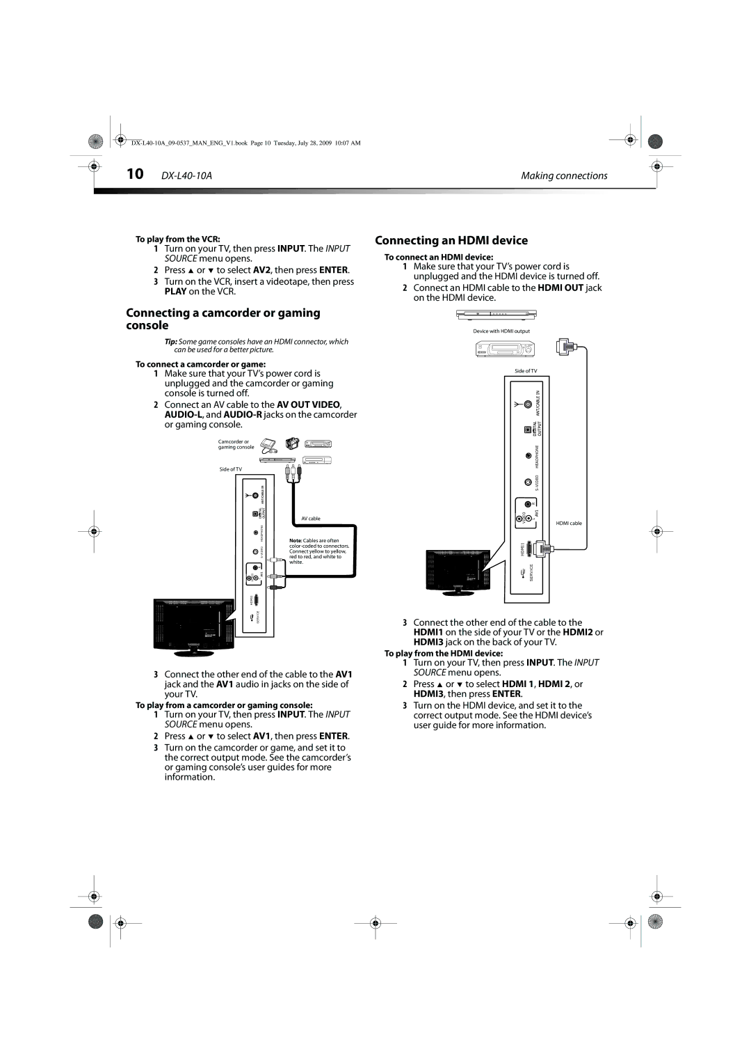 Dynex DX-L40-10A manual Connecting a camcorder or gaming console, Connecting an Hdmi device 