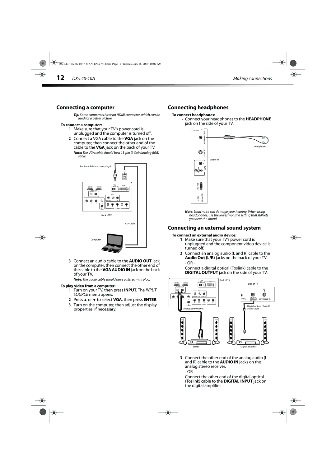 Dynex DX-L40-10A manual Connecting a computer, Connecting headphones, Connecting an external sound system 