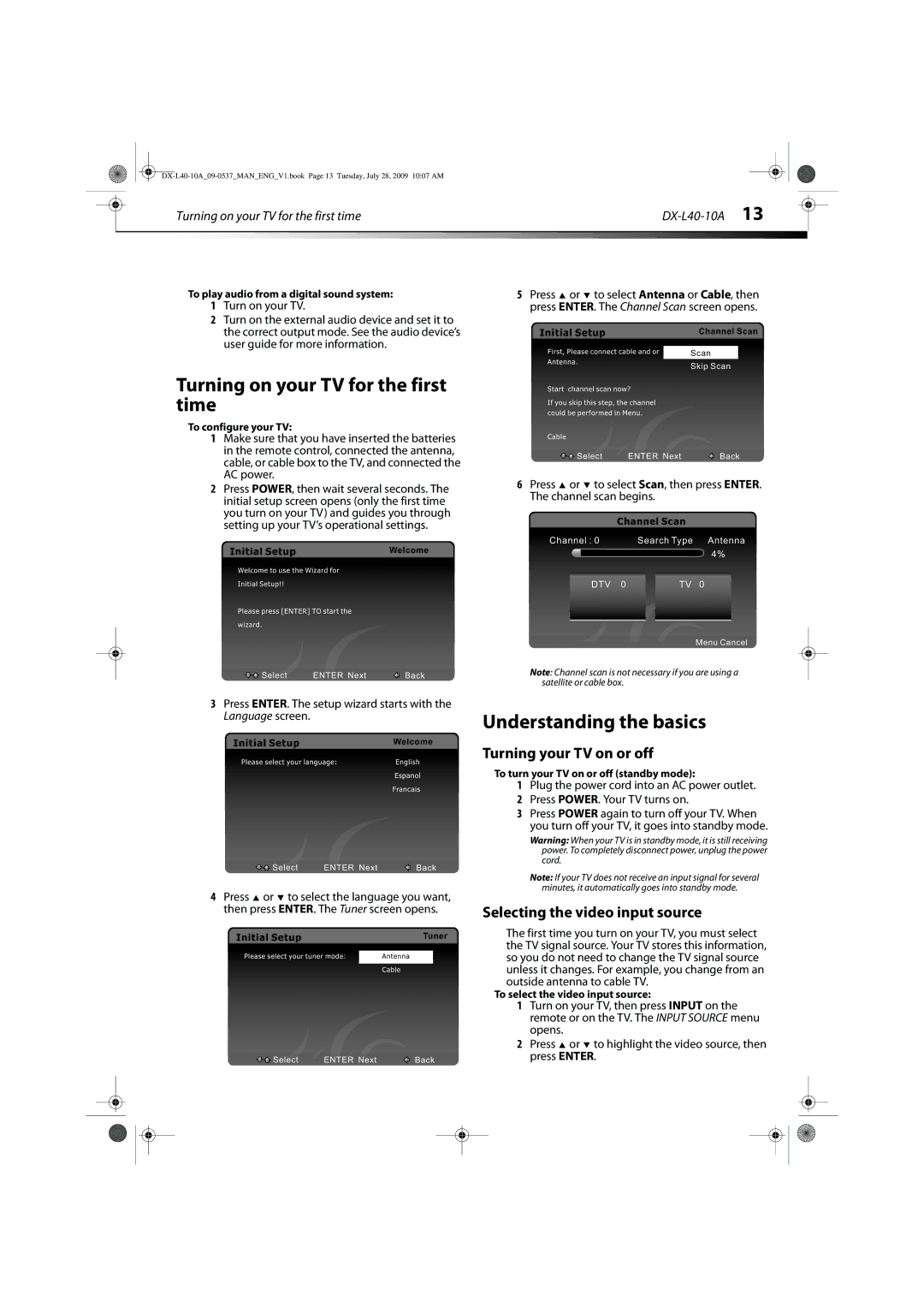 Dynex DX-L40-10A manual Turning on your TV for the first time, Understanding the basics, Turning your TV on or off 