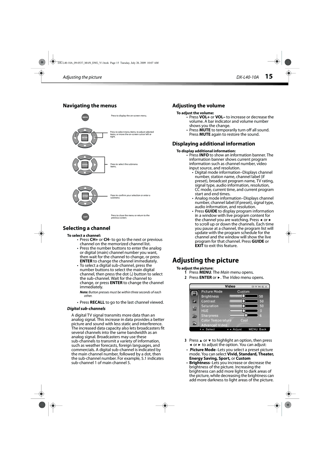 Dynex DX-L40-10A Adjusting the picture, Navigating the menus, Adjusting the volume, Displaying additional information 