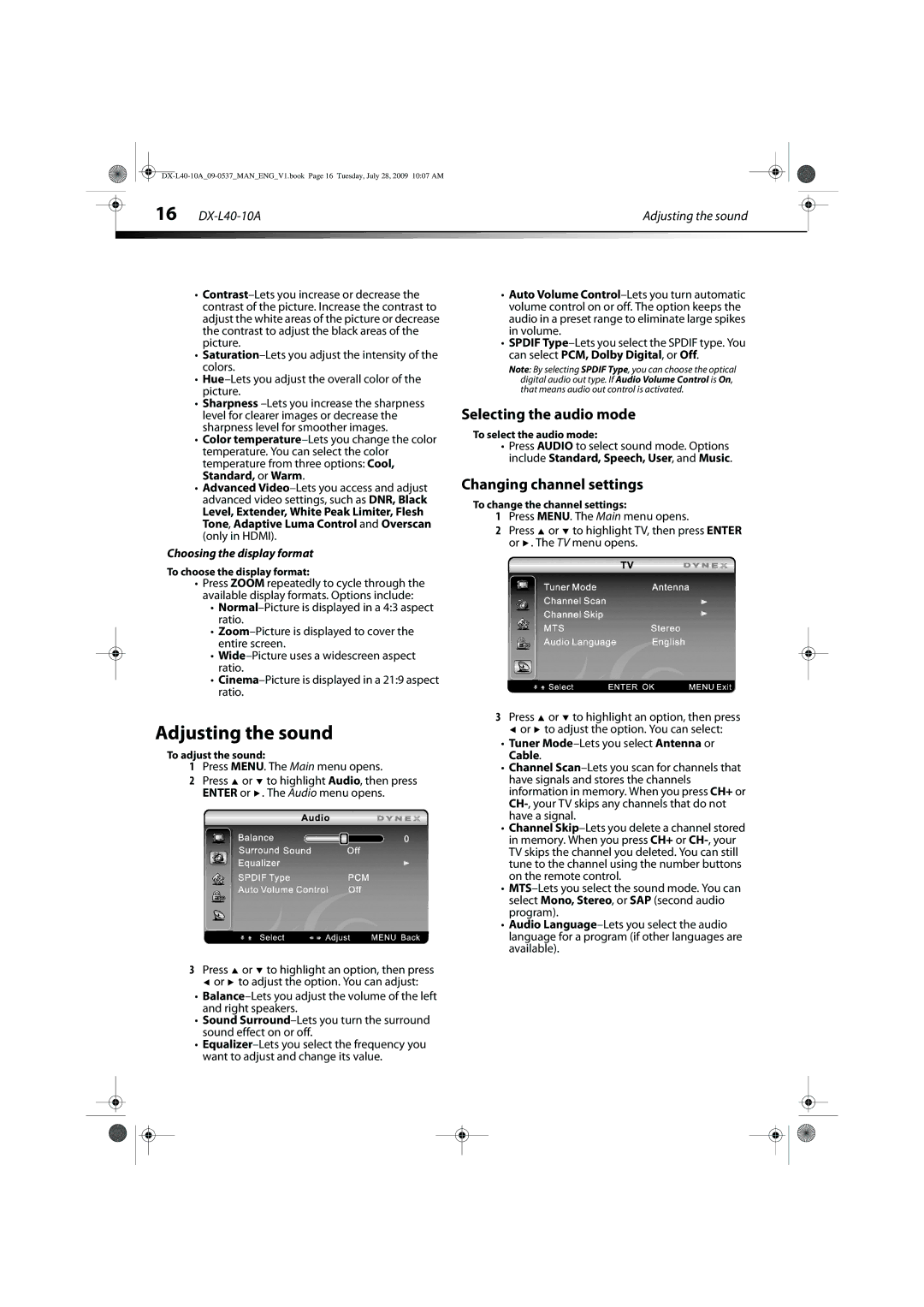 Dynex manual Selecting the audio mode, Changing channel settings, DX-L40-10A Adjusting the sound 