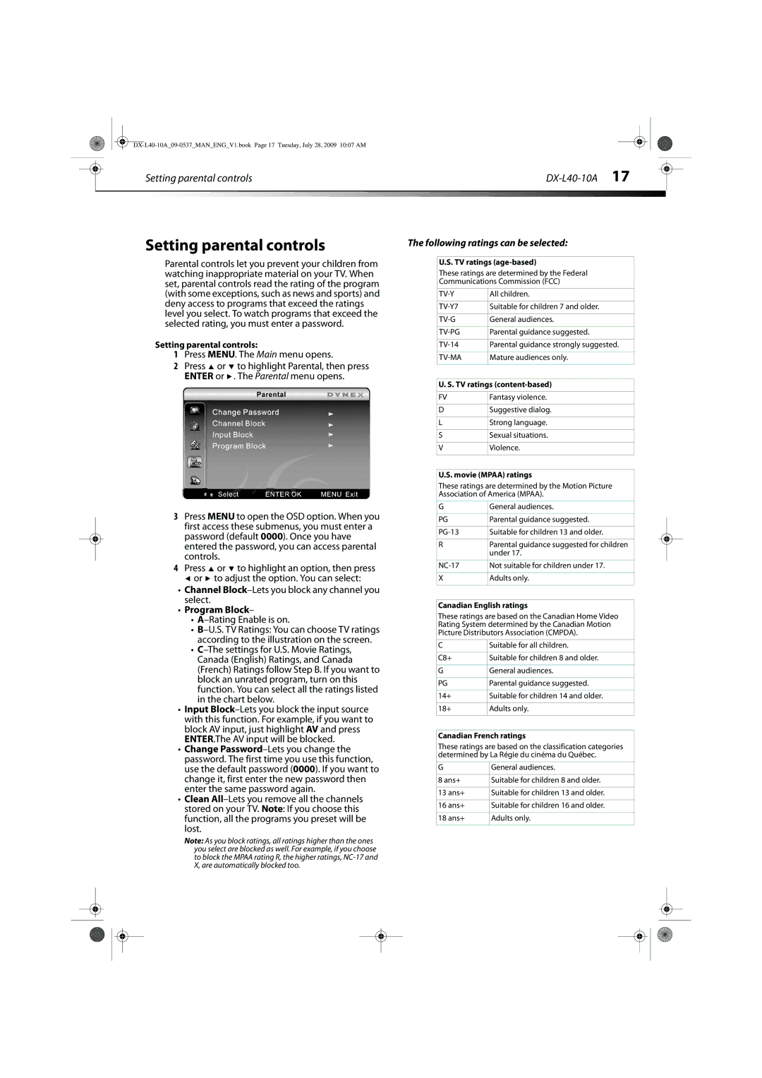 Dynex manual Setting parental controls DX-L40-10A, Following ratings can be selected 