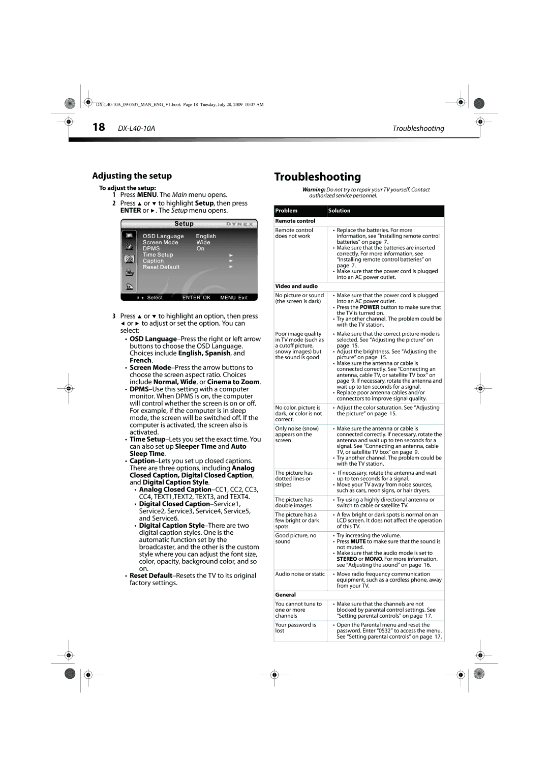 Dynex manual Adjusting the setup, DX-L40-10A Troubleshooting 