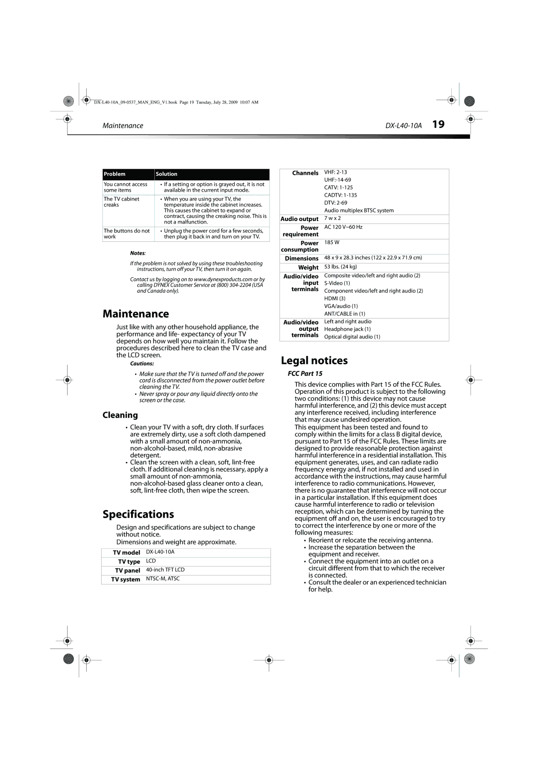 Dynex manual Specifications, Legal notices, Cleaning, Maintenance DX-L40-10A 