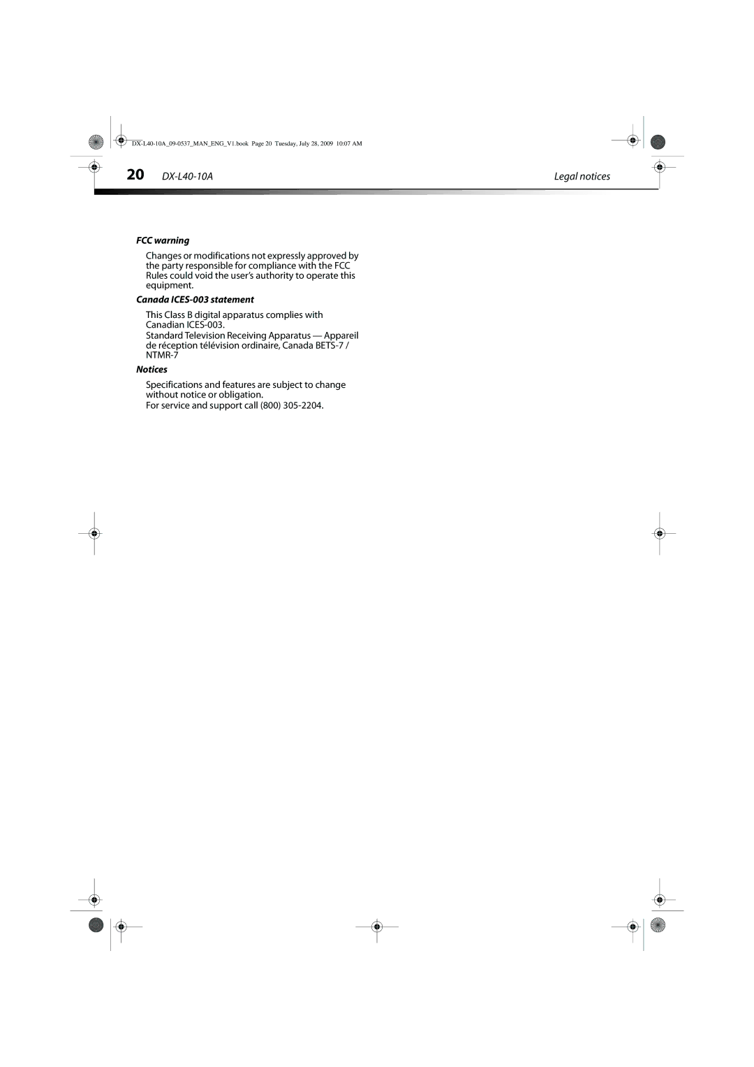 Dynex manual DX-L40-10A Legal notices, FCC warning, Canada ICES-003 statement 