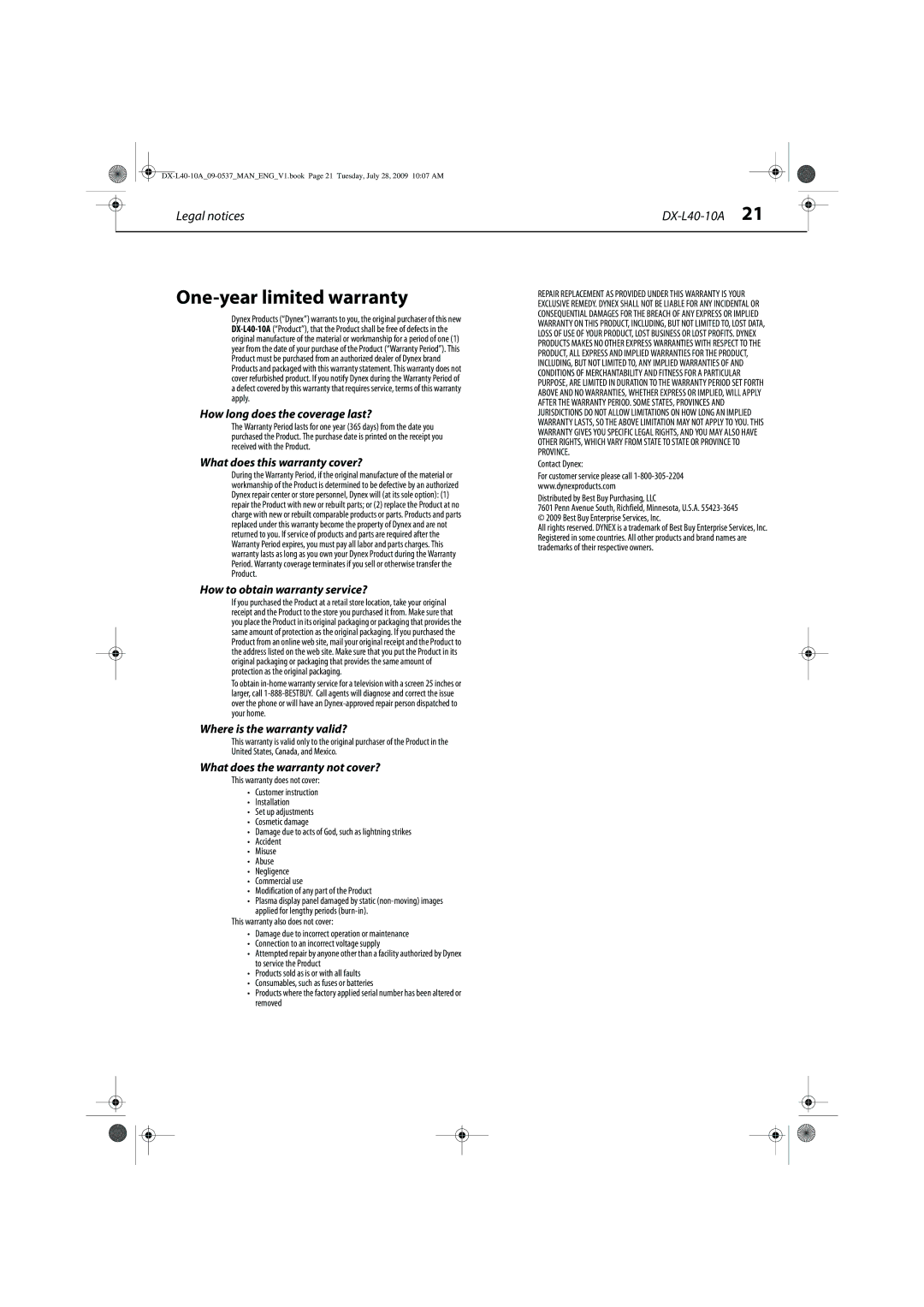 Dynex manual One-year limited warranty, Legal notices DX-L40-10A 