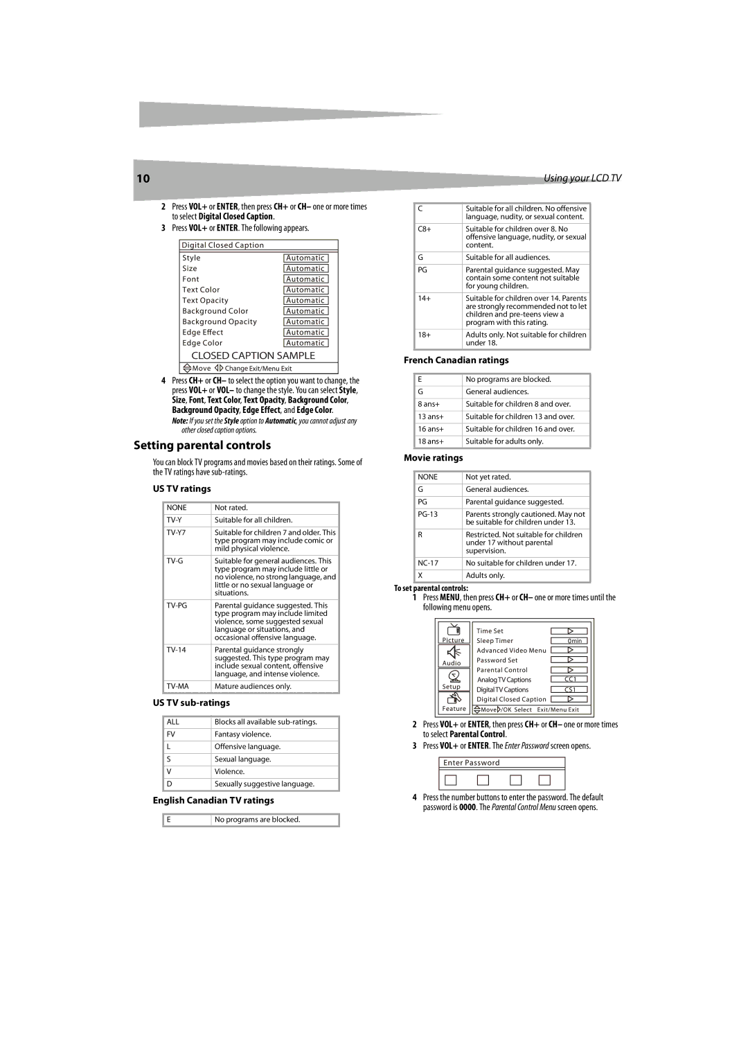 Dynex DX-LCDTV19 manual Setting parental controls, US TV ratings, US TV sub-ratings, English Canadian TV ratings 