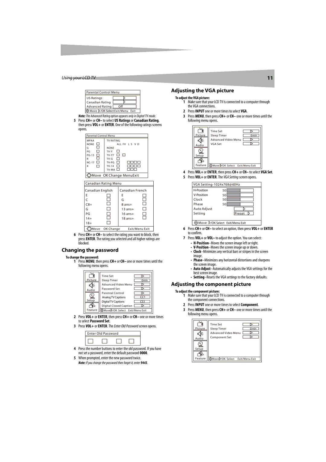 Dynex DX-LCDTV19 manual Adjusting the VGA picture, Changing the password, Adjusting the component picture 