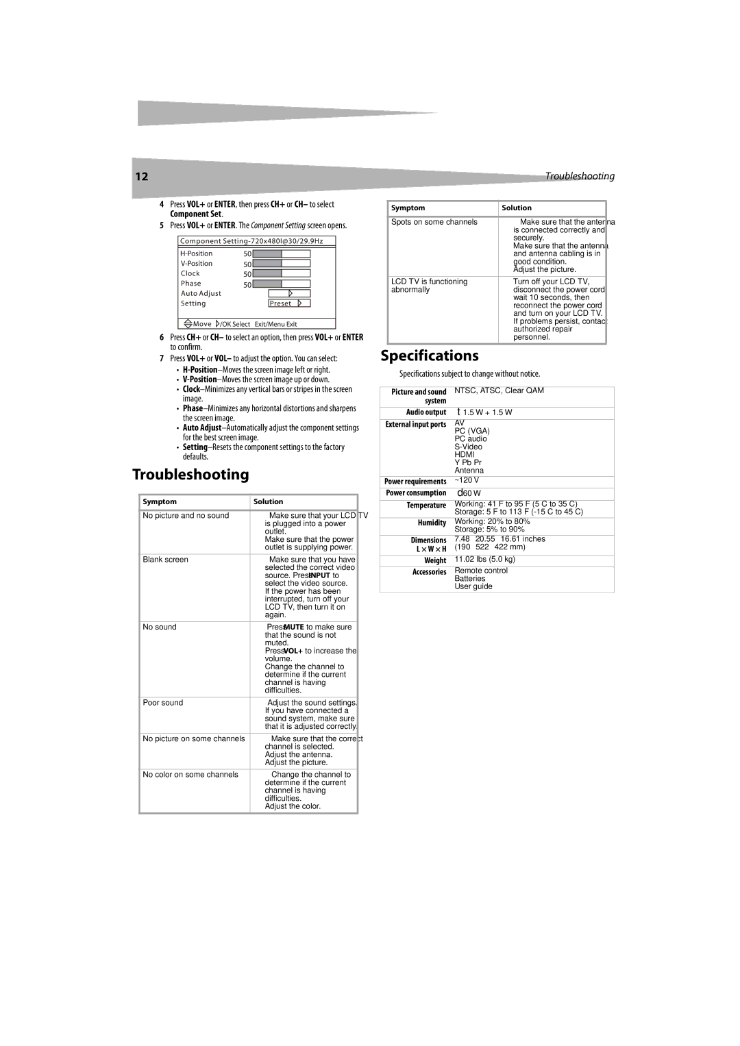 Dynex DX-LCDTV19 manual Troubleshooting, Specifications subject to change without notice 