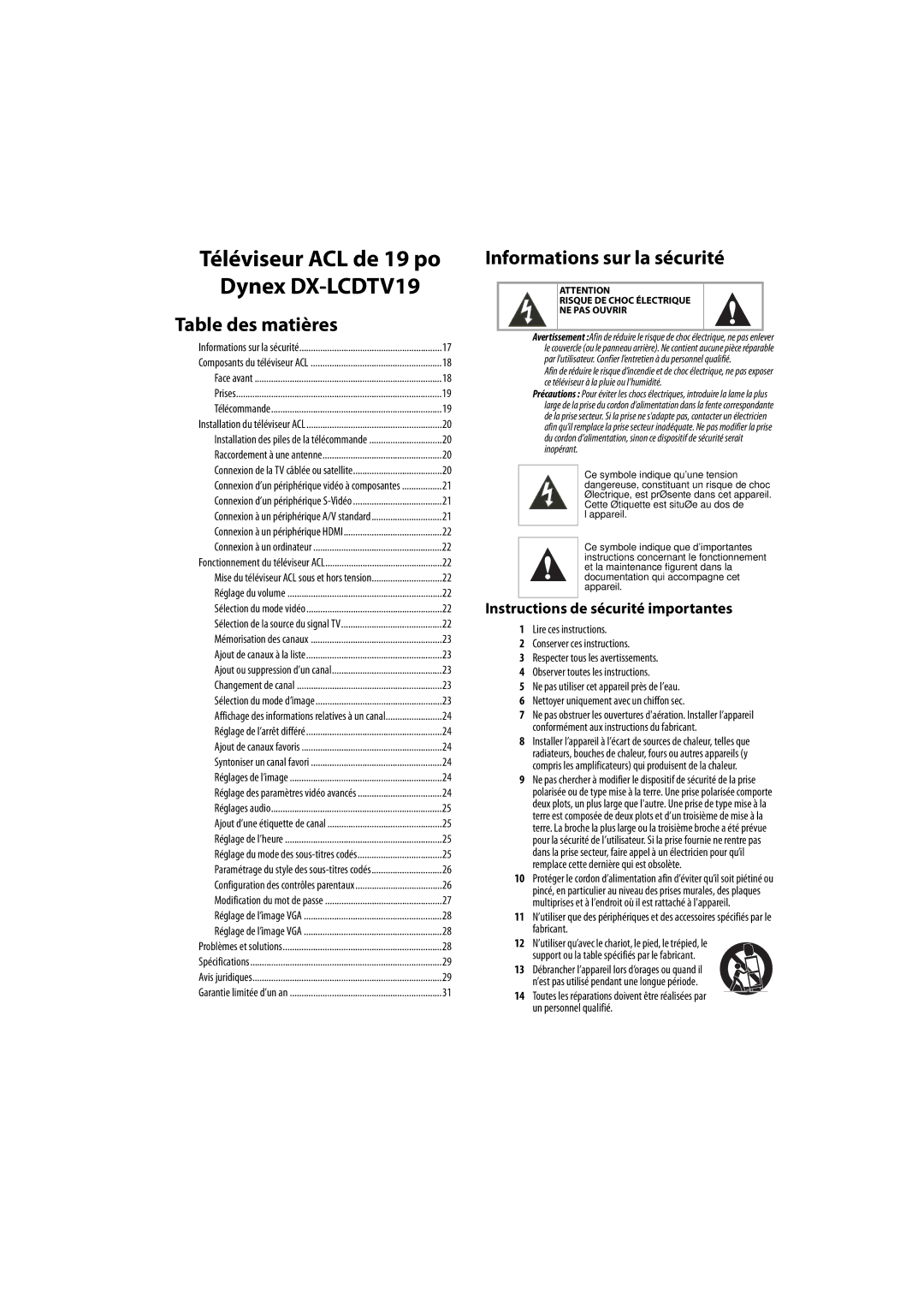 Dynex DX-LCDTV19 manual Informations sur la sécurité, Instructions de sécurité importantes 