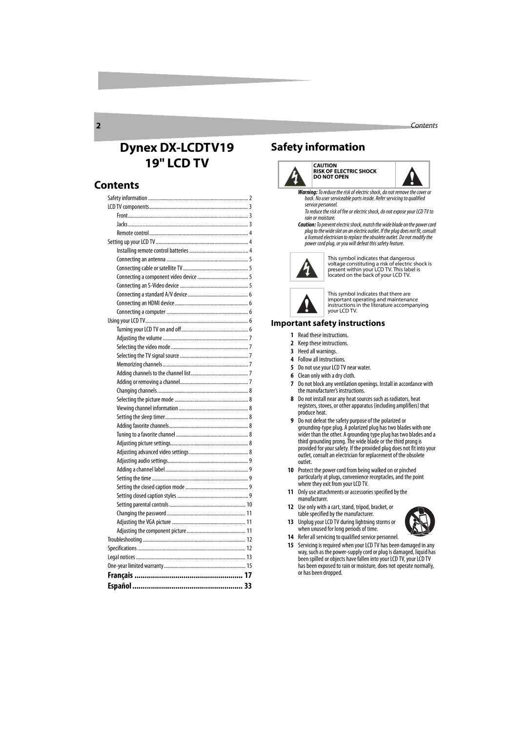 Dynex DX-LCDTV19 manual Contents, Safety information 