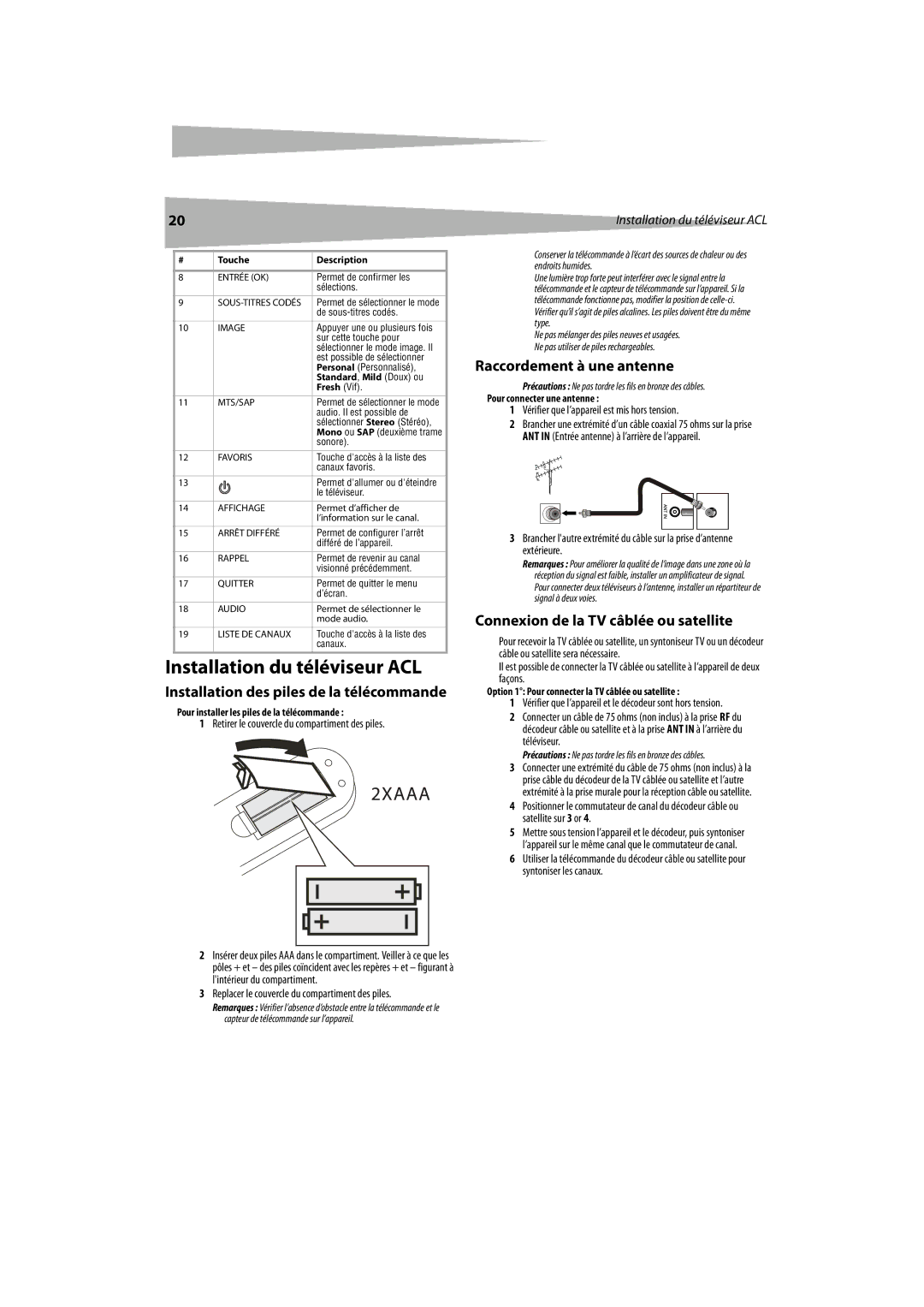 Dynex DX-LCDTV19 manual Installation du téléviseur ACL, Raccordement à une antenne, Connexion de la TV câblée ou satellite 