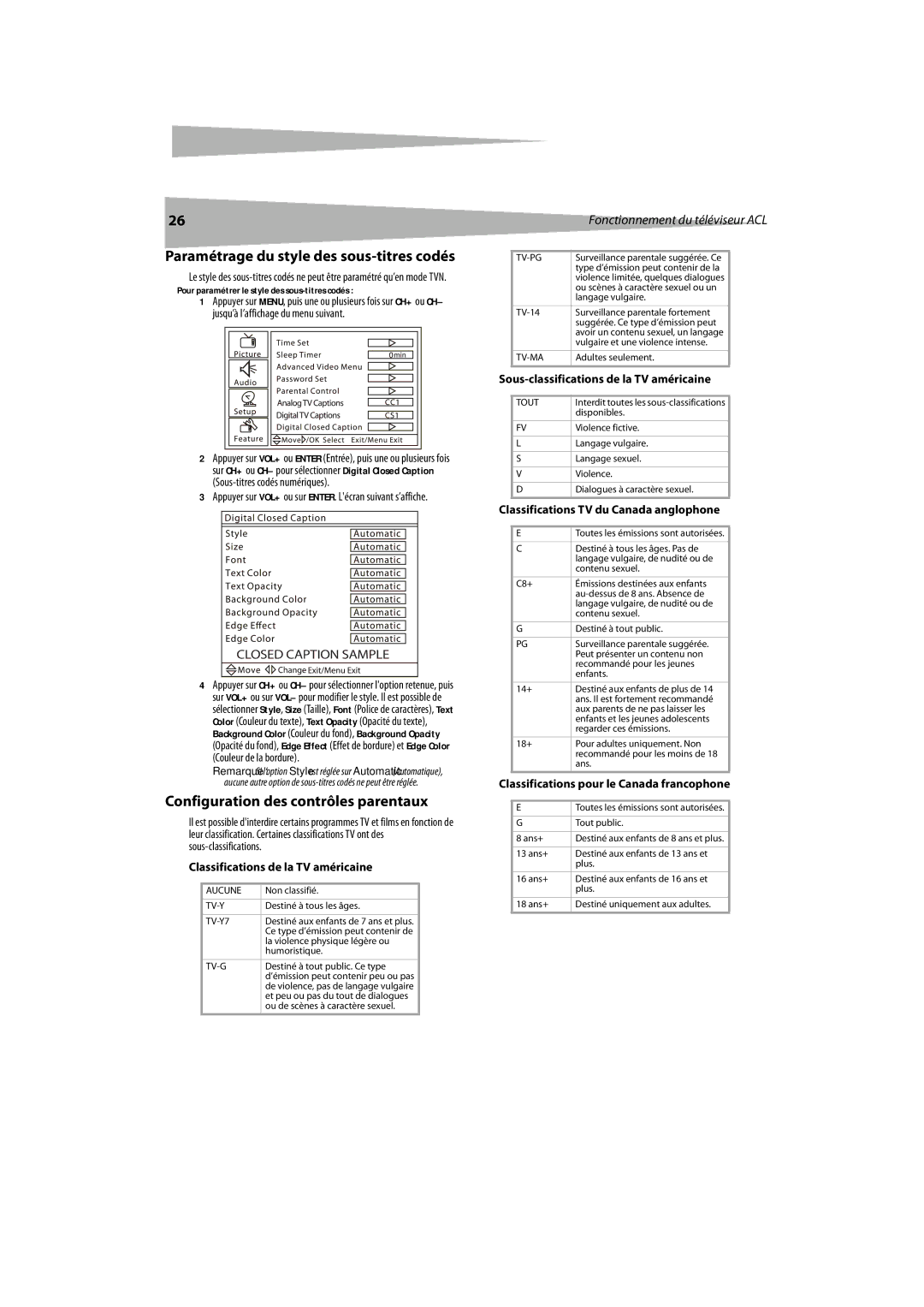 Dynex DX-LCDTV19 manual Paramétrage du style des sous-titres codés, Configuration des contrôles parentaux 