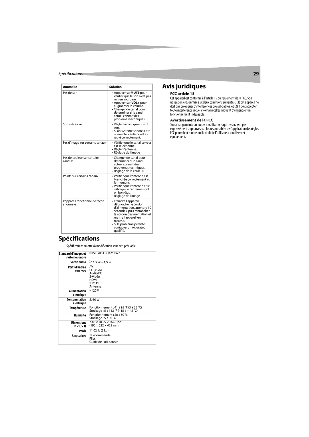 Dynex DX-LCDTV19 manual Spécifications, Avis juridiques, FCC article, Avertissement de la FCC 