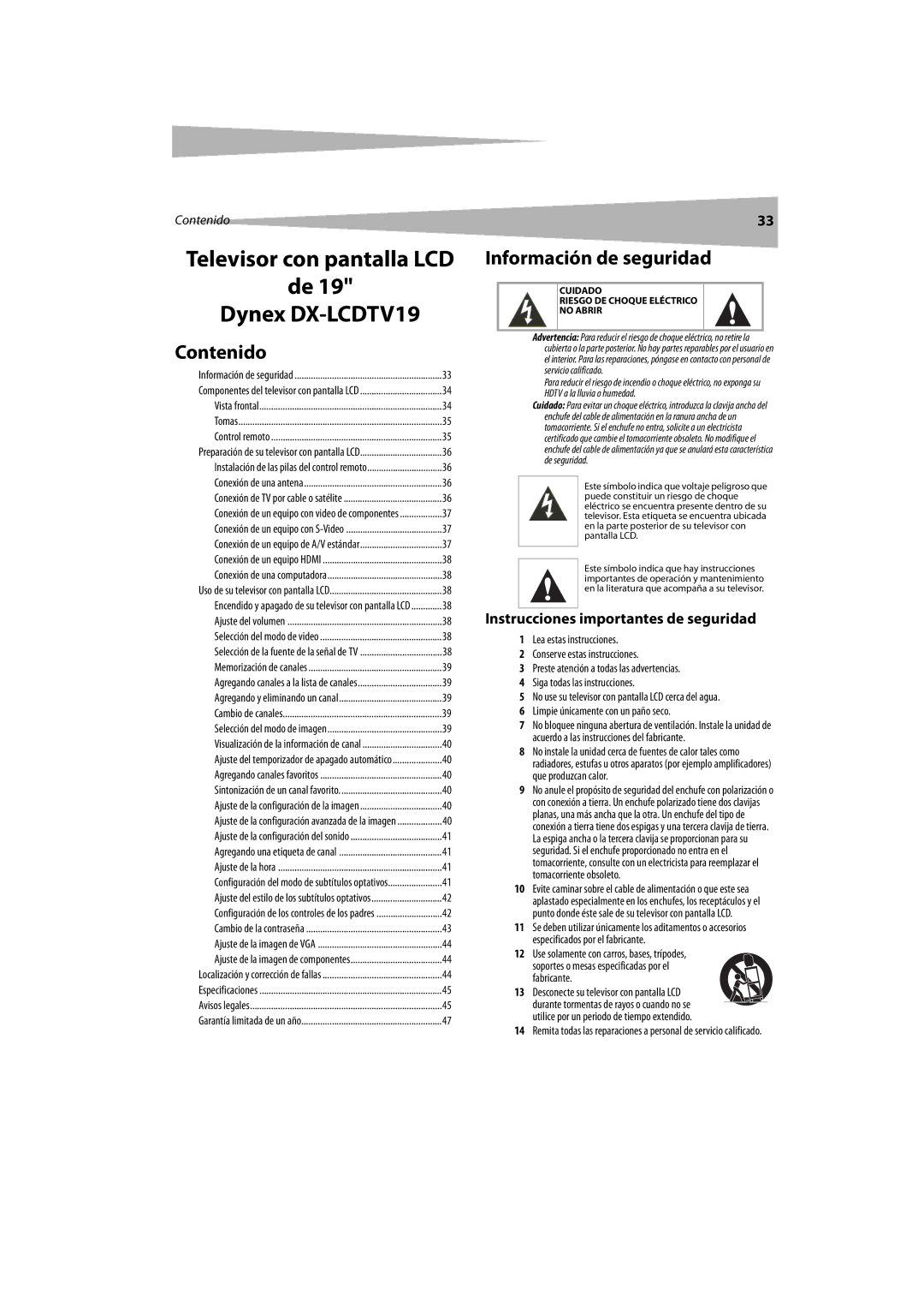 Dynex DX-LCDTV19 manual Información de seguridad, Instrucciones importantes de seguridad, Contenido 