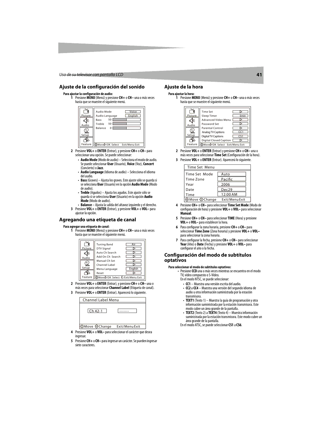 Dynex DX-LCDTV19 manual Ajuste de la configuración del sonido, Agregando una etiqueta de canal, Ajuste de la hora 