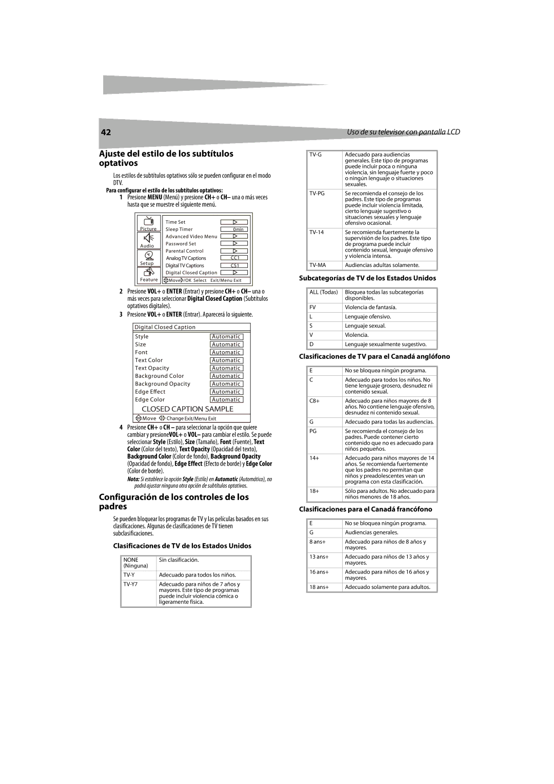 Dynex DX-LCDTV19 manual Ajuste del estilo de los subtítulos optativos, Configuración de los controles de los padres 