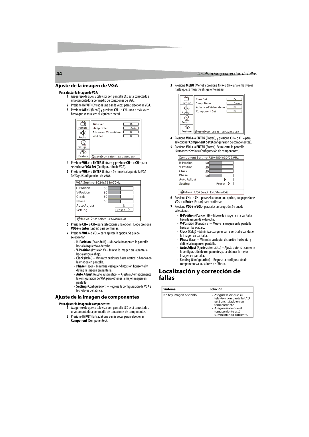 Dynex DX-LCDTV19 manual Localización y corrección de fallas, Ajuste de la imagen de VGA, Ajuste de la imagen de componentes 