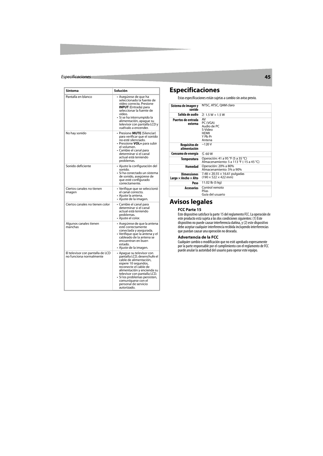 Dynex DX-LCDTV19 manual Especificaciones, Avisos legales, FCC Parte, Advertencia de la FCC 