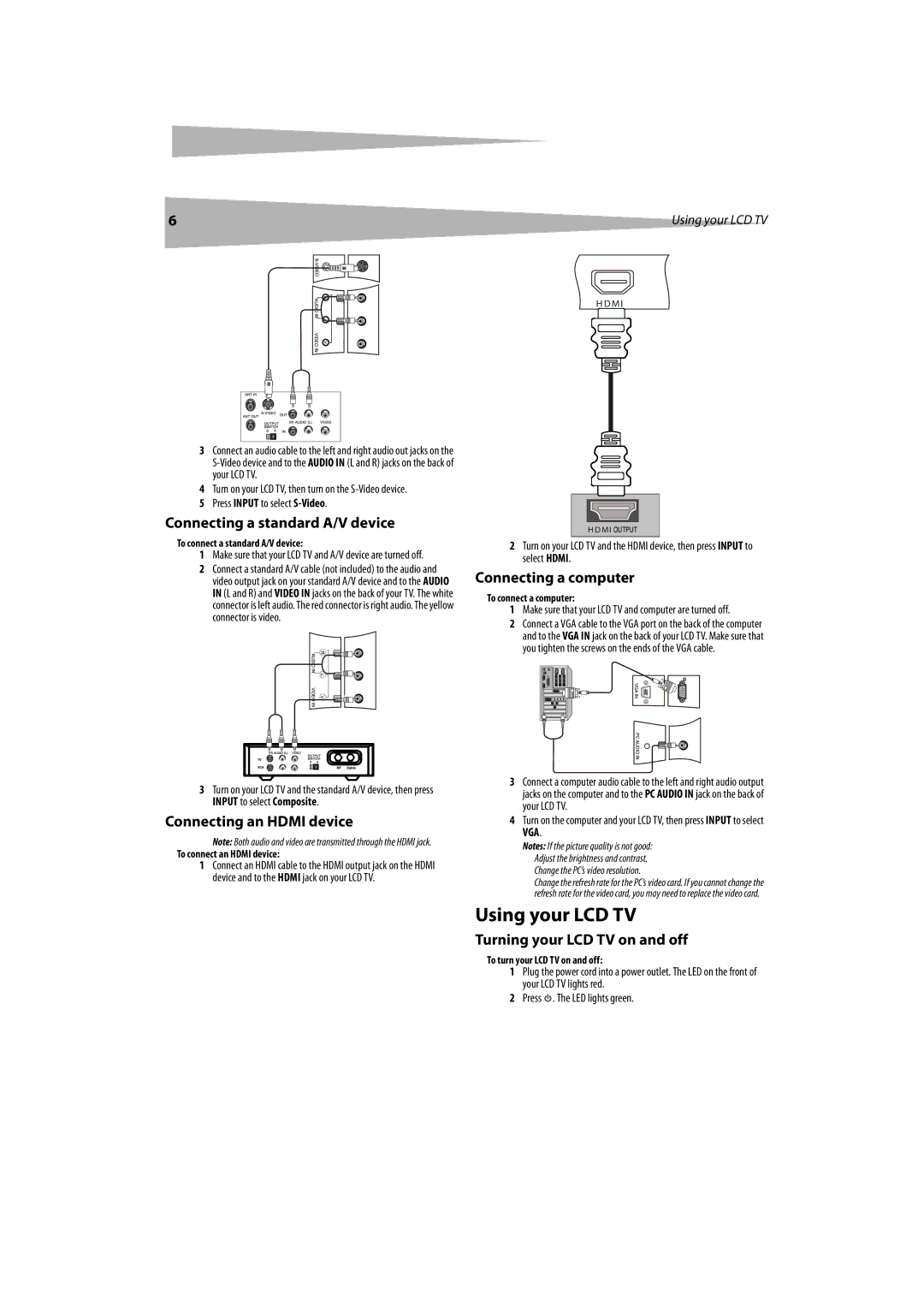 Dynex DX-LCDTV19 Using your LCD TV, Connecting a standard A/V device, Connecting an Hdmi device, Connecting a computer 