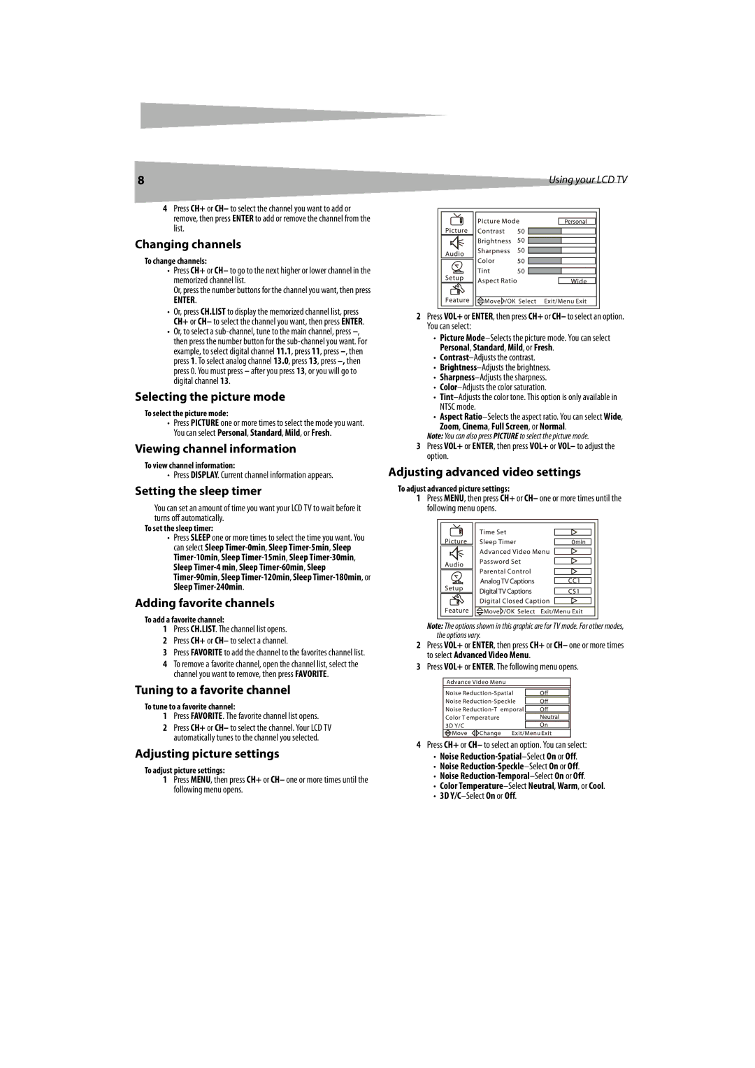 Dynex DX-LCDTV19 manual Changing channels, Selecting the picture mode, Viewing channel information, Setting the sleep timer 