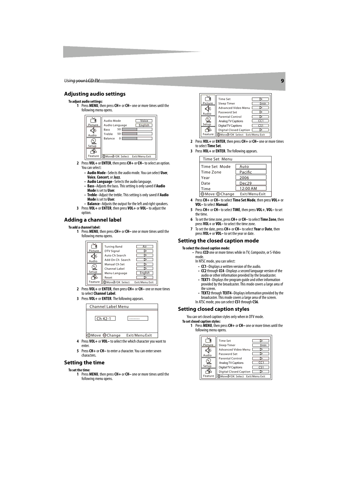 Dynex DX-LCDTV19 manual Adjusting audio settings, Adding a channel label, Setting the time, Setting the closed caption mode 