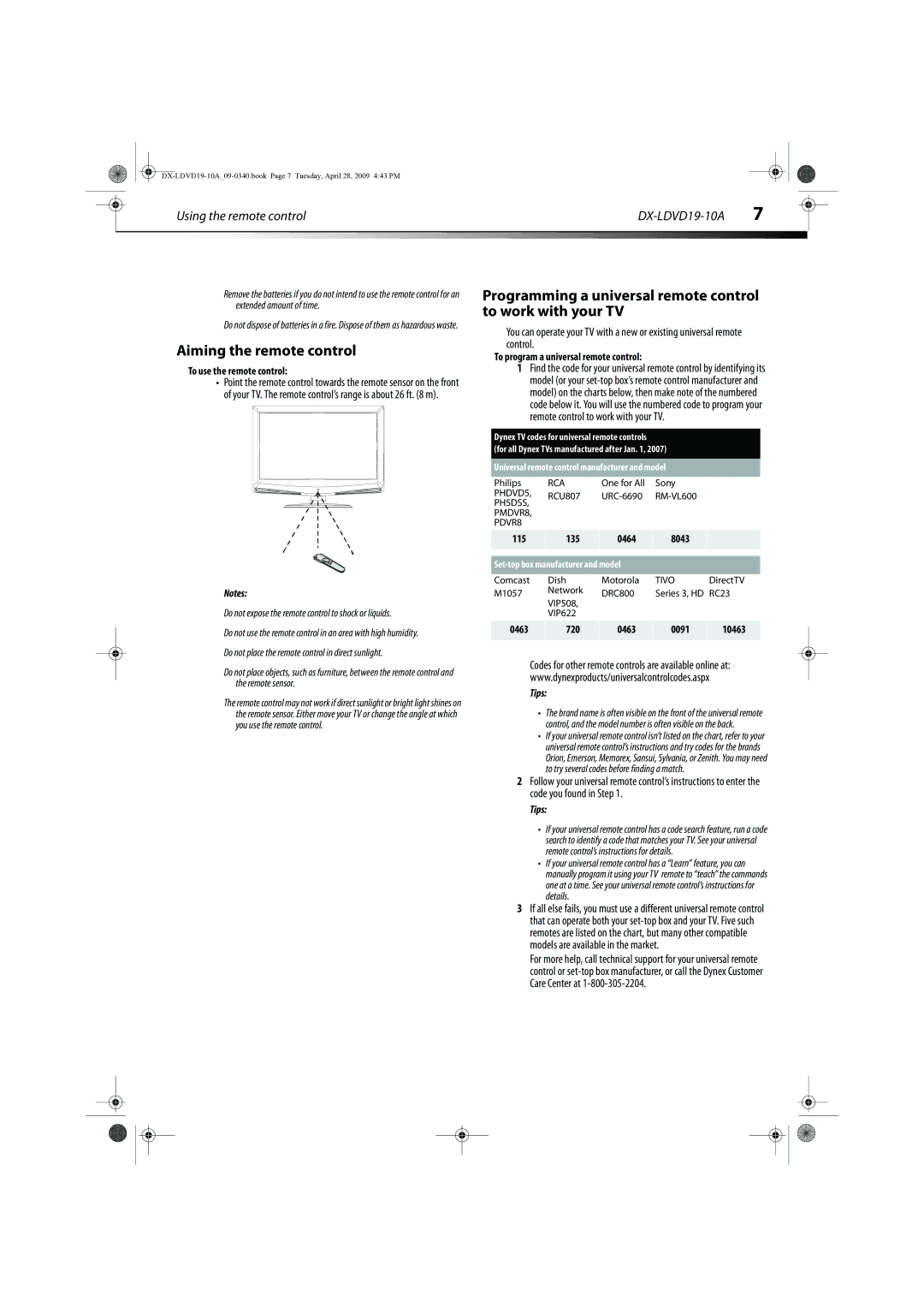 Dynex DX-LDVD19-10A manual Aiming the remote control, Programming a universal remote control to work with your TV 