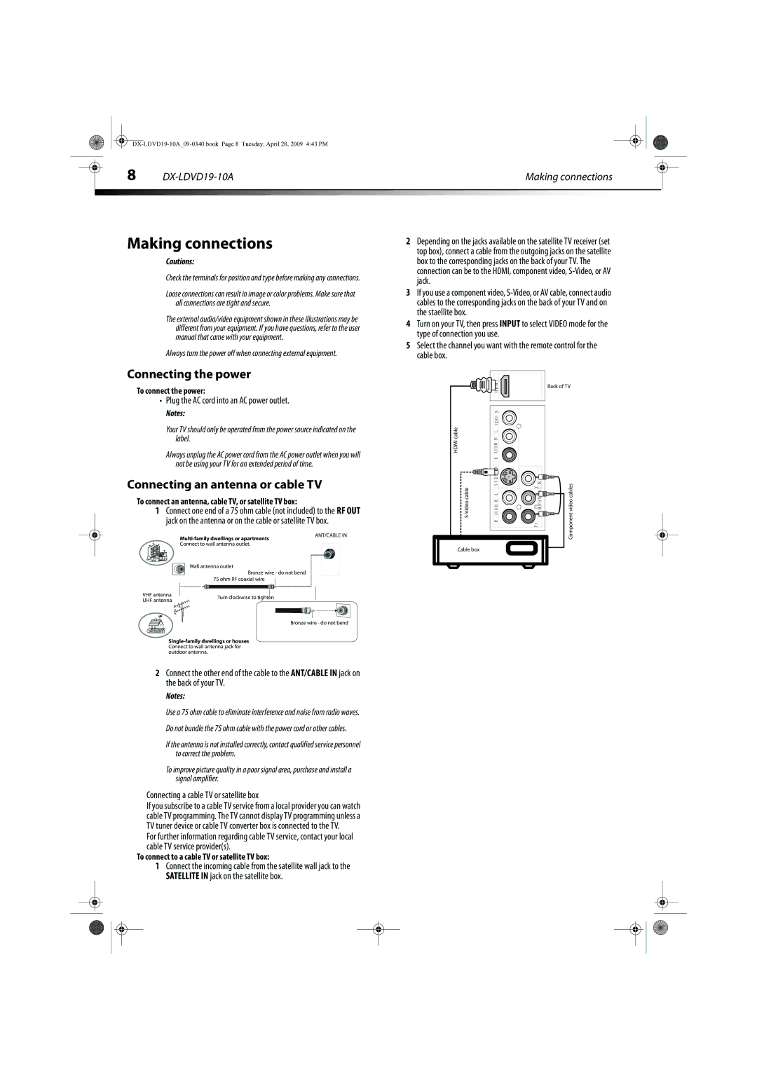 Dynex DX-LDVD19-10A manual Making connections, Connecting the power, Connecting an antenna or cable TV 