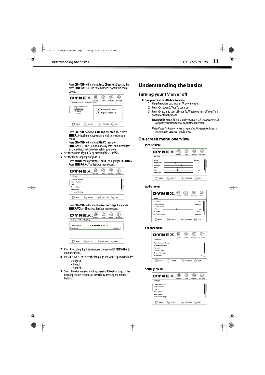 Dynex DX-LDVD19-10A manual Understanding the basics, Turning your TV on or off, On-screen menu overview 