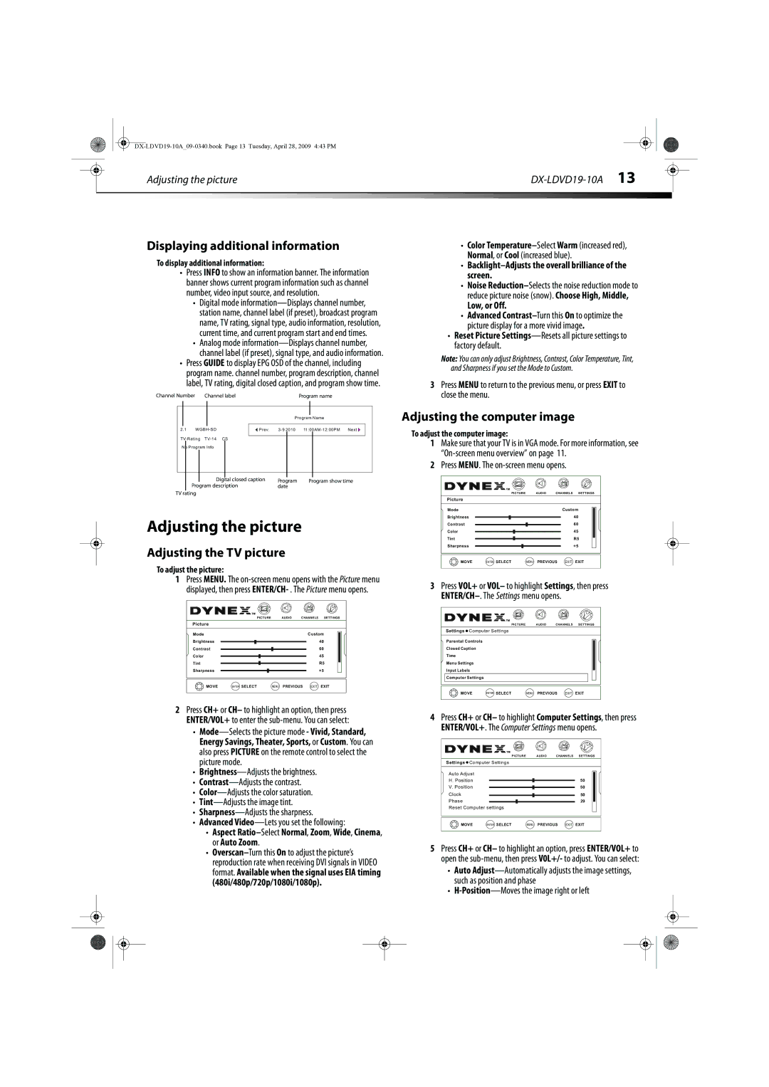 Dynex DX-LDVD19-10A manual Adjusting the picture, Displaying additional information, Adjusting the computer image 