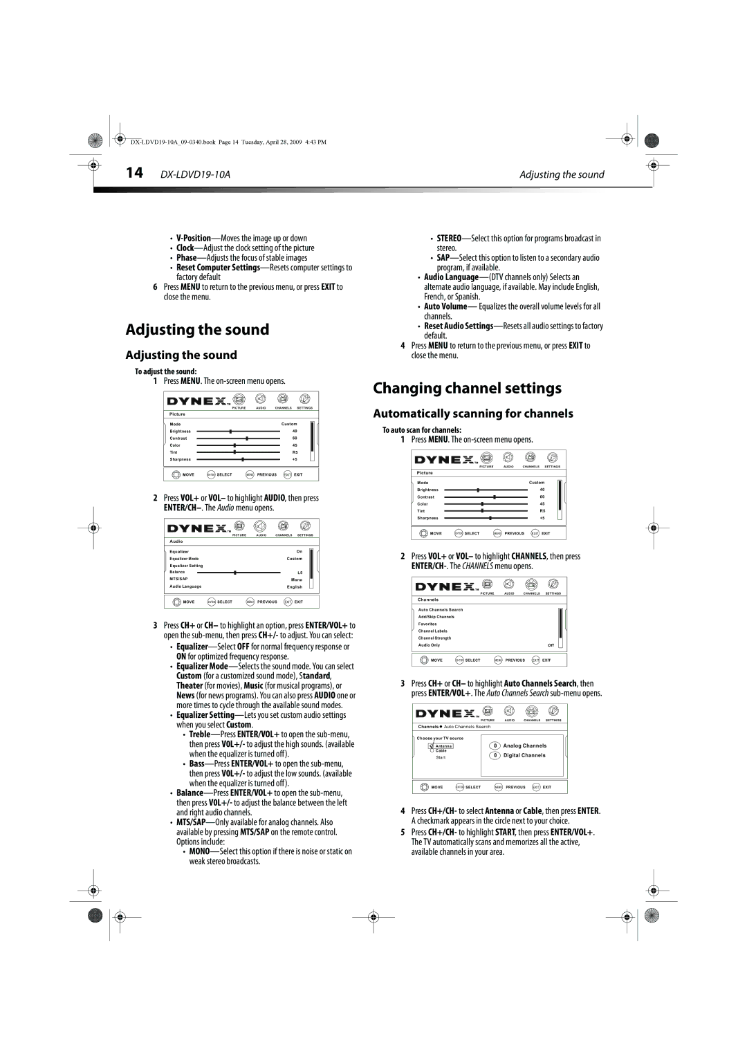 Dynex DX-LDVD19-10A manual Adjusting the sound, Changing channel settings, Automatically scanning for channels 