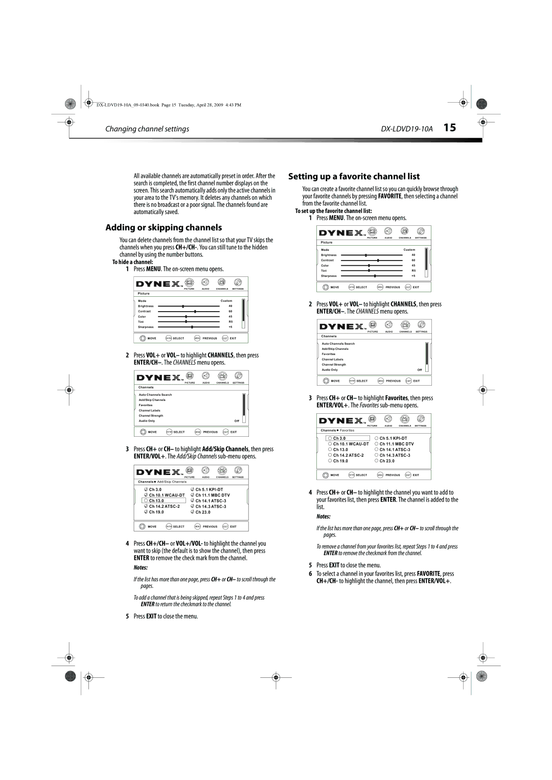 Dynex DX-LDVD19-10A manual Setting up a favorite channel list, Adding or skipping channels, Press Exit to close the menu 