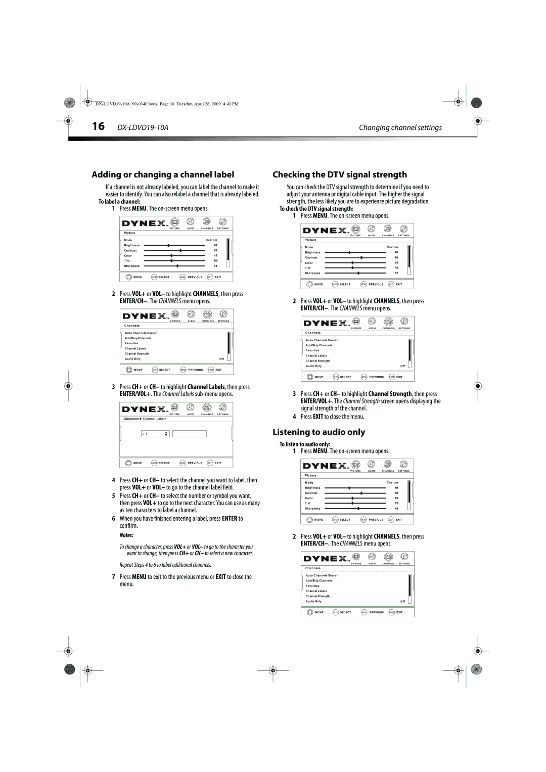 Dynex DX-LDVD19-10A manual Adding or changing a channel label, Checking the DTV signal strength, Listening to audio only 