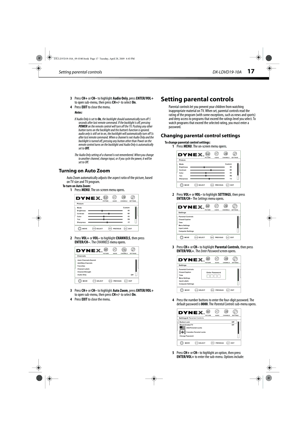 Dynex DX-LDVD19-10A manual Setting parental controls, Turning on Auto Zoom, Changing parental control settings 