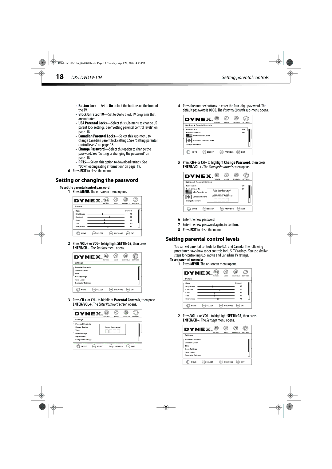 Dynex DX-LDVD19-10A manual Setting or changing the password, Setting parental control levels, To set parental controls 