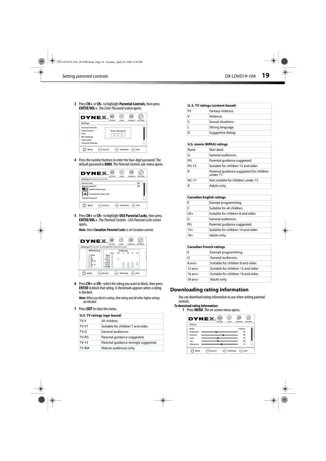 Dynex DX-LDVD19-10A manual Downloading rating information, To download rating information 