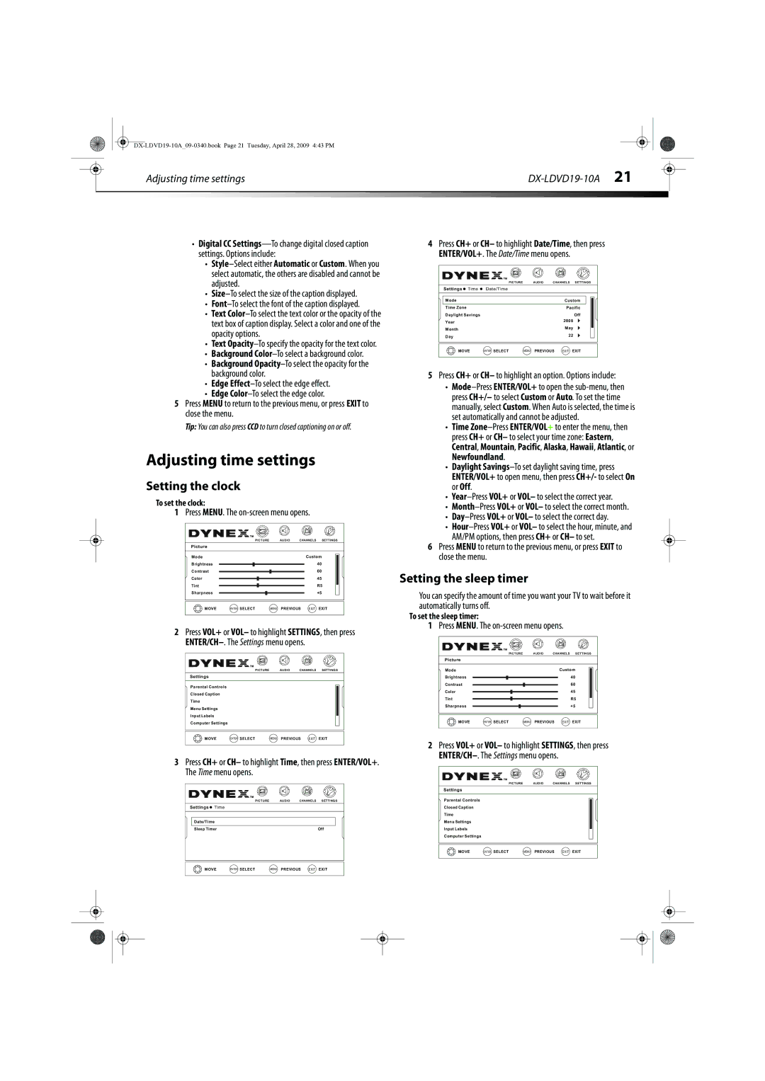 Dynex DX-LDVD19-10A manual Adjusting time settings, Setting the clock, Setting the sleep timer 