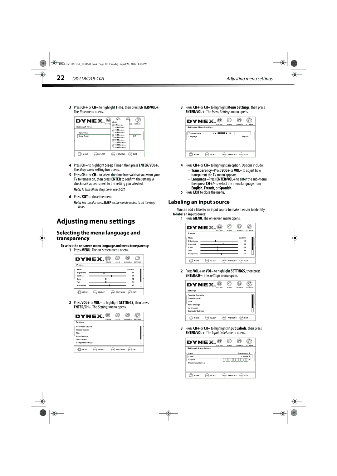 Dynex DX-LDVD19-10A manual Adjusting menu settings, Labeling an input source, Selecting the menu language and transparency 