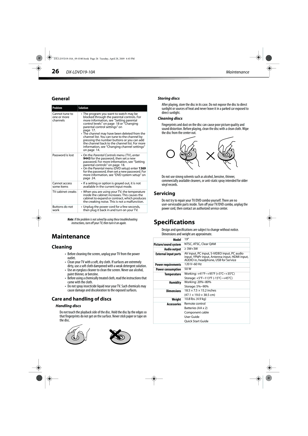 Dynex DX-LDVD19-10A manual Maintenance, Specifications 