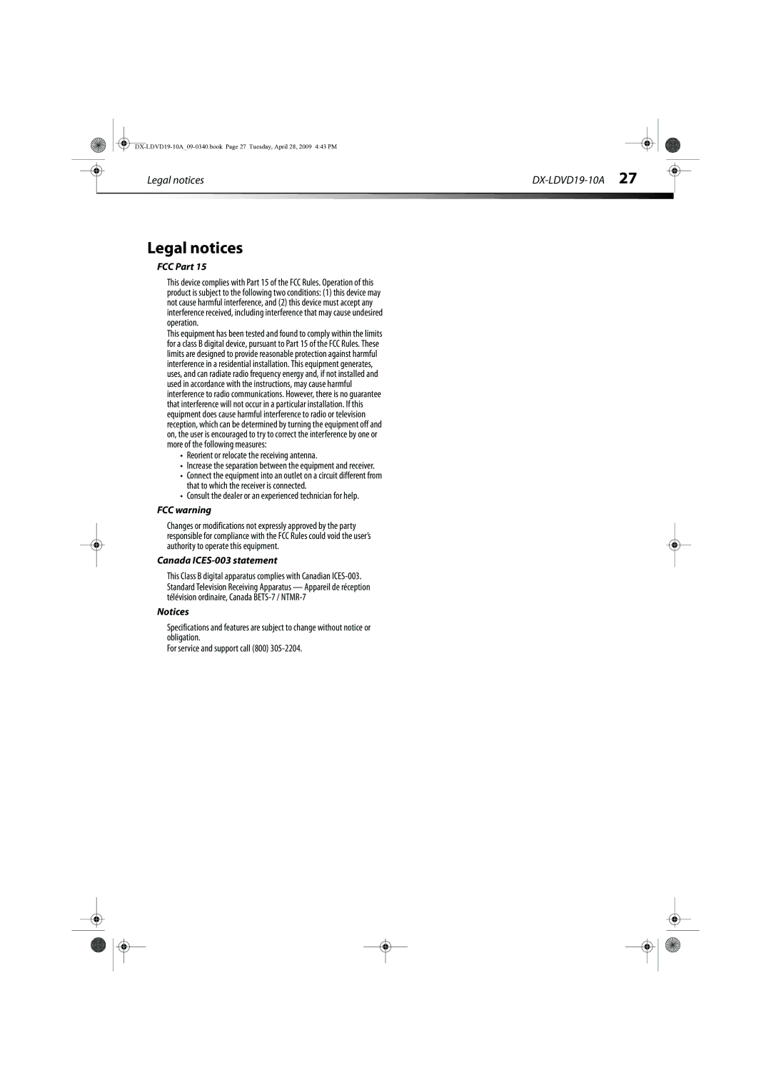 Dynex manual Legal notices DX-LDVD19-10A, FCC Part, FCC warning, Canada ICES-003 statement 