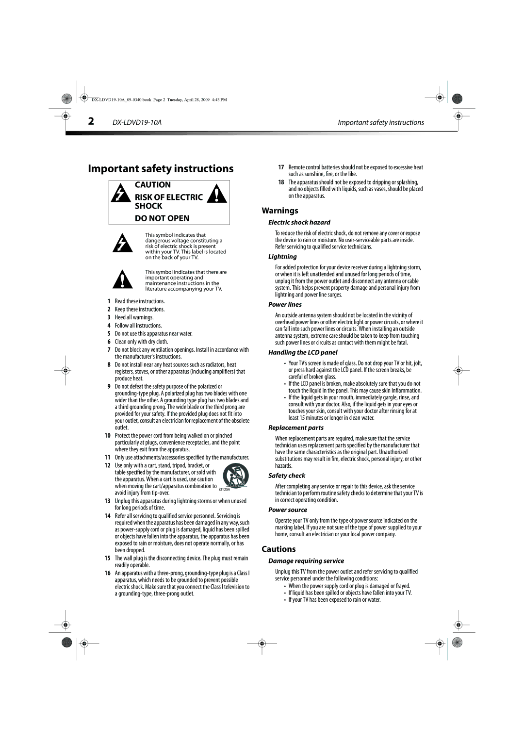 Dynex DX-LDVD19-10A manual Important safety instructions 