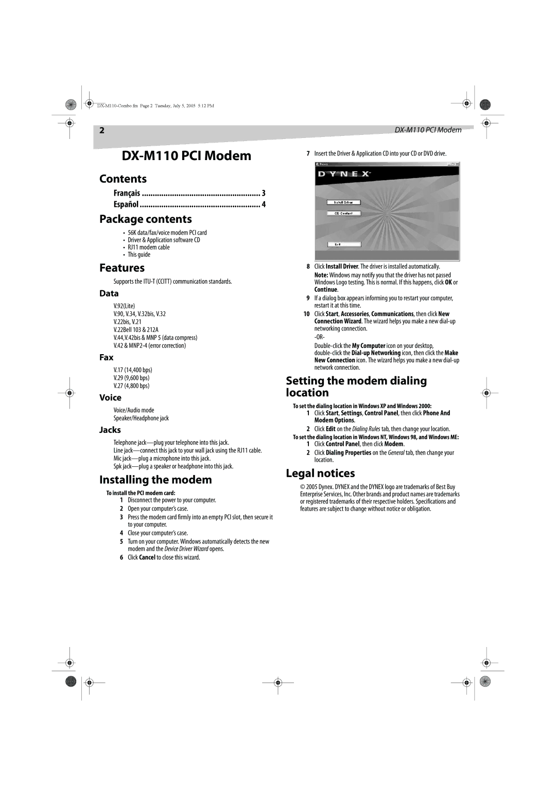 Dynex manual DX-M110 PCI Modem 