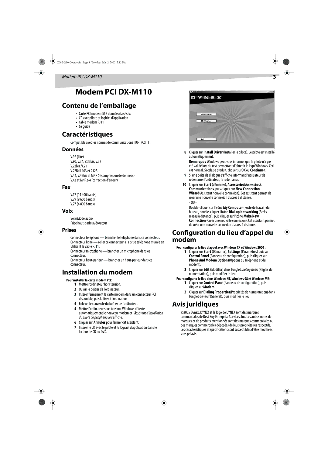 Dynex manual Modem PCI DX-M110 