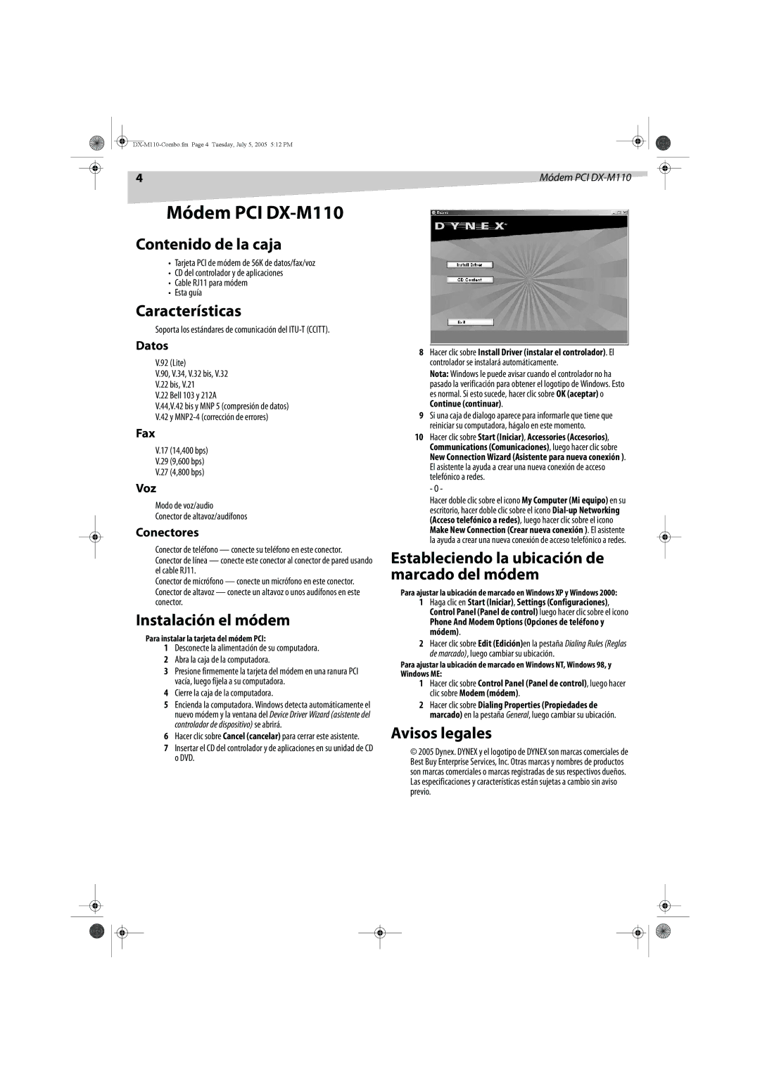 Dynex manual Módem PCI DX-M110 